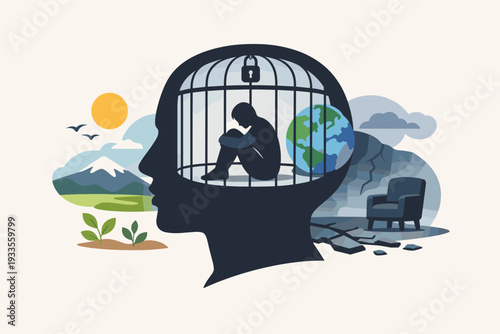 Mental Health Concept Illustration of a Human Head Silhouette with a Person Trapped in a Cage Representing Depression, Anxiety, Isolation, and the Psychological Struggle of an Inner Mind Prison.