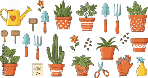 Flat vector illustration set of gardening tools potted houseplants cacti succulents seeds and watering can for hobby gardening