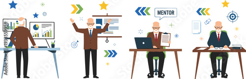 Set of professional illustrations featuring a senior male executive working at a desk presenting data and acting as a mentor