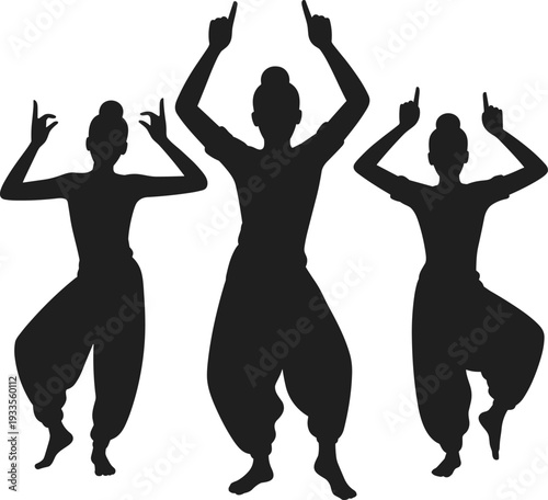 WebTraditional dance silhouettes, cultural performance, expressive posture, synchronized movement, artistic gesture, heritage theme, vector illustration, black silhouette, isolated, rhythm