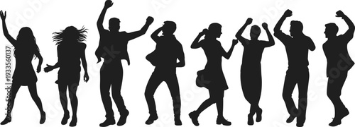 WebSilhouettes of people dancing, joyful celebration, party crowd, energetic movement, lifestyle fun, unity, happiness, social gathering, festive mood, entertainment