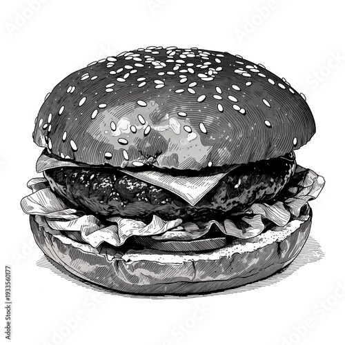Vintage engraved cheeseburger illustration in black and white. Hand drawn fast food sketch with sesame bun, beef patty and lettuce. Retro menu or packaging design.