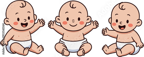 Cute baby cartoon characters set in different sitting poses, flat vector illustration of smiling infants wearing diapers isolated on light background