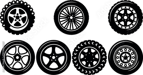 Vector wheel and tire icon set eight silhouettes close up top and bottom row studio white background black flat design