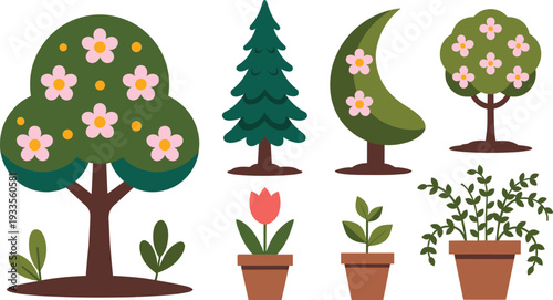 Flat vector illustration of various decorative trees and potted plants isolated on light background, cartoon garden elements collection for design projects spring nature theme