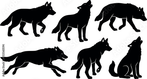 Silhouette vector set of six wolf shapes in different poses running howling sitting walking prowling isolated black figures on white