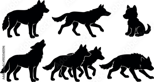 Silhouette vector pack of wolves in multiple poses including standing howling running stalking walking and sitting black flat animal icons