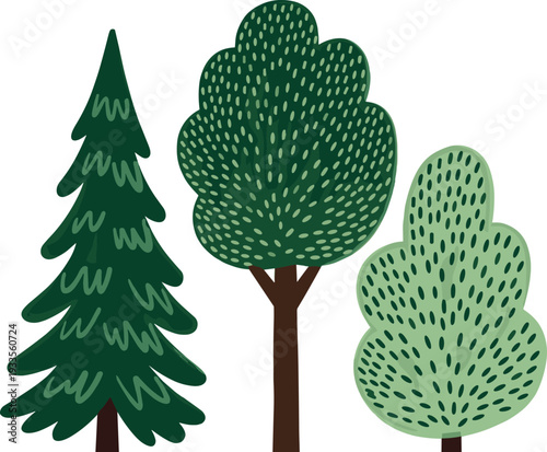 Stylized illustration of three different trees including conifer, rounded canopy, and bushy foliage design, representing nature, environment, greenery, and landscape elements for educational and crea