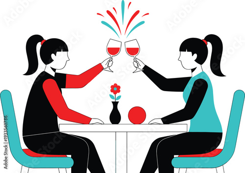 Illustration of two women sitting at a table toasting with wine glasses celebrating a dinner date or special occasion