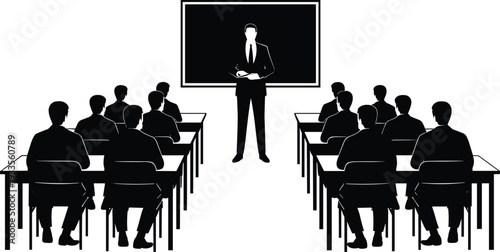 Teacher Giving Lecture to Students in Classroom Black Silhouette Vector Illustration Isolated on White Background for Education Training and Academic Concept