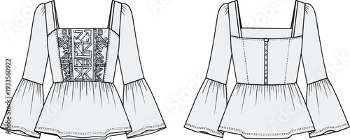 Technical fashion illustration of women’s blouse with square neckline, thin straps, flared sleeves, embroidered front panel, gathered peplum waist, and button-down back design
