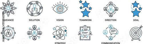 Blue and black business strategy icons featuring guidance solution vision teamwork direction goal strategy communication and target symbols