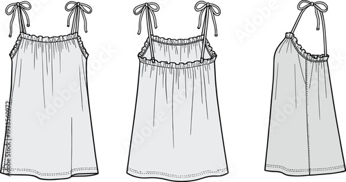 Technical fashion illustration of women’s sleeveless garment with spaghetti tie straps, gathered ruffle neckline, and flowy silhouette, shown in front, back, and side views