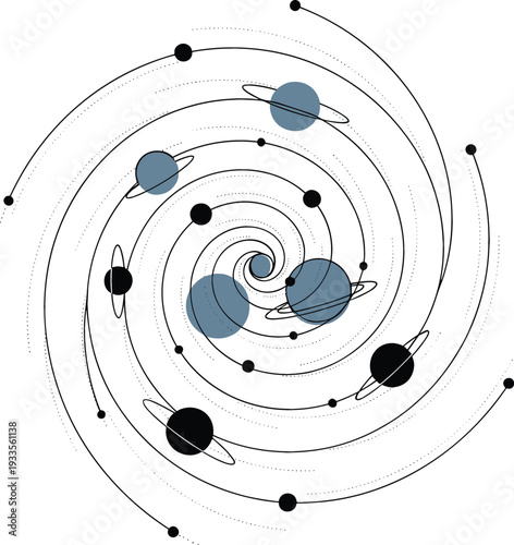 Abstract spiral galaxy vector illustration featuring planets on circular orbits with minimalist line art style for science and education