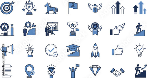 Comprehensive blue vector icon set featuring business success symbols like trophies rockets targets handshakes and career growth motivation concepts