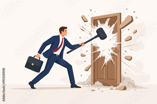 Businessman in a Suit Breaking Down a Closed Door with a Sledgehammer, Metaphor for Overcoming Obstacles, Achieving Success, and Breaking Barriers in Business Strategy, Flat Vector Illustration.