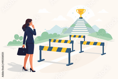 Businesswoman in suit with briefcase looking at hurdles on the road to success, thinking about overcoming obstacles to reach the golden trophy on top of stairs, career growth and ambition concept.