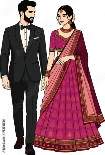 Vector illustration of a modern South Asian couple with a man in a black tuxedo and a woman in a traditional pink lehenga