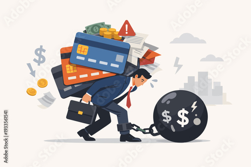 Stressed businessman struggling under the heavy burden of credit card debt and financial obligations, chained to a large iron ball representing loans and expenses in a flat vector illustration.