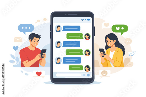 Couple Chatting Online via Smartphone App Illustration, Man and Woman Messaging on Mobile Phone Screen with Speech Bubbles, Digital Communication, Social Media Networking and Online Dating