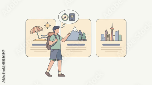 Young Male Tourist with Backpack Choosing Travel Destination from Tour Option Panels. Flat Vector Illustration of a Man Planning Vacation Trip to Beach, Mountains, or City with Passport and Compass