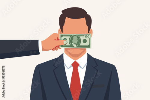 Businessman with a Hundred Dollar Banknote Covering His Mouth Representing Bribery, Corruption, and Hush Money to Buy Silence; Concept of Unethical Corporate Lobbying and Political Censorship