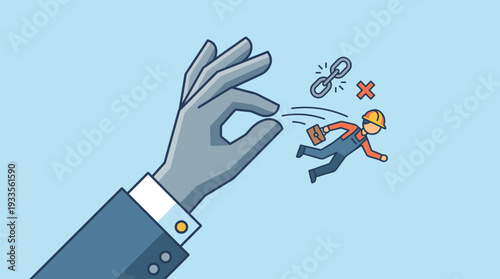 Business Concept of Layoffs and Firing with a Large Hand Flicking Away a Worker Character, Corporate Downsizing, Unemployment, and Job Insecurity Illustration in a Simple Flat Vector Style.