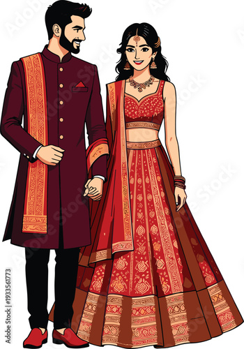 Vector illustration of a South Asian wedding couple with a man in a maroon sherwani and a woman in a traditional red lehenga