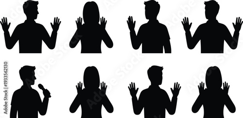 Vector illustration set of black silhouettes featuring men and women with raised hands in various poses including a man holding a microphone for events