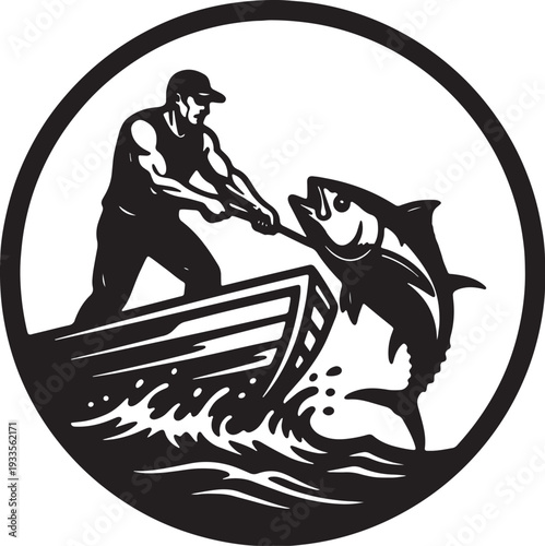 Minimalist black and white circular emblem of a fisherman catching a large tuna from a boat