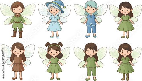 Vector illustration set of cute diverse garden fairies with wings in green and blue outfits for magical forest nursery art and children birthday branding