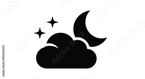 Simple black icon illustrating a cloudy night sky with a shining crescent moon and twinkling stars, perfect for weather applications and celestial themes.
