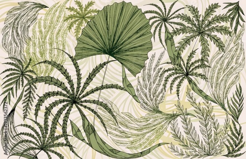 Abstract floral background. Beige wallpaper with tropical plants, leaf branches, palm leaves, and green lines. . High quality photo