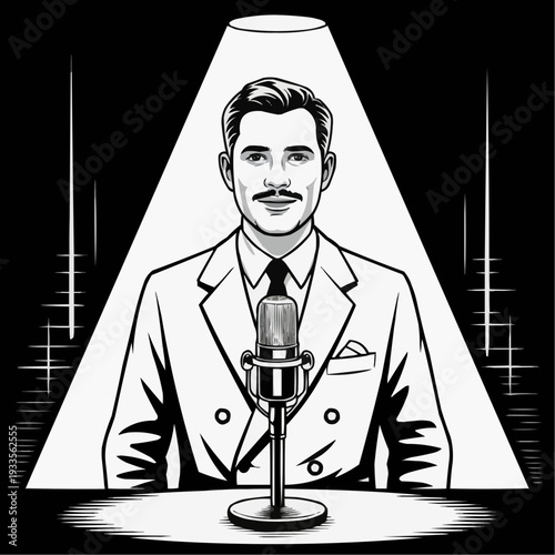Stylish man in suit speaking into a microphone under spotlight