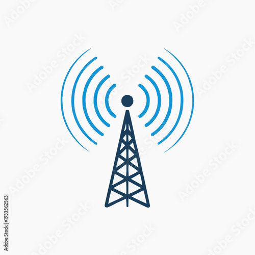 Communication tower with radio waves in blue and white style for network technology