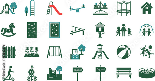 Green and teal playground icons featuring slides swings climbing walls sandboxes and various outdoor children's play equipment