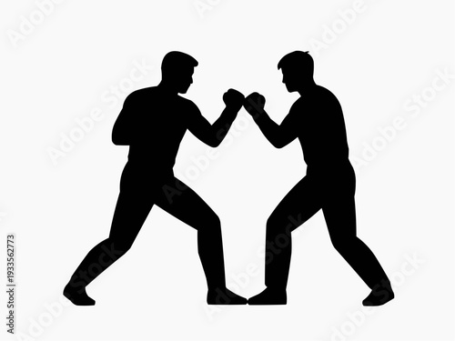 Two silhouettes of men fighting in a competitive mood on a plain background
