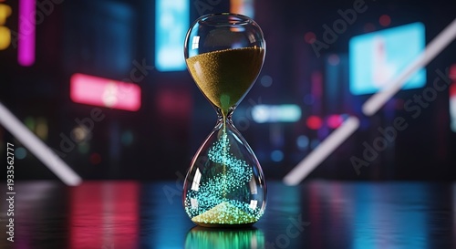 Hourglass with Sand Running Out in Neon Cityscape at Night.