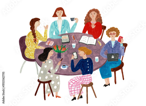 Canvastavla デジタルデバイスを活用して意見交換する女性チームの会議イラスト