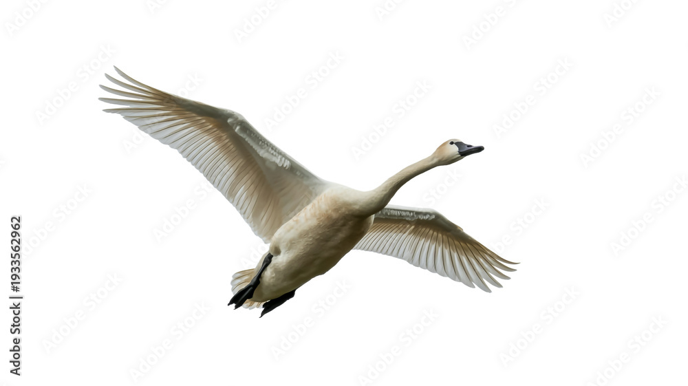 Obraz premium A majestic swan in mid-flight, soaring through the air with outstretched wings