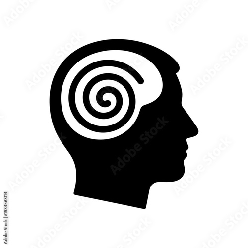 Minimalist head silhouette with a spiral inside representing overthinking, mental loops, and anxiety for stress management concept
