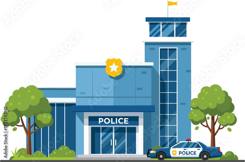 Modern flat vector illustration of a blue police station building with a patrol car parked outside and green trees
