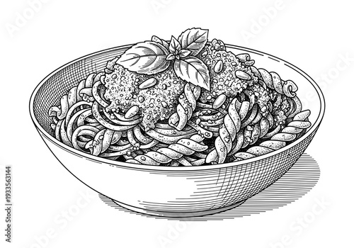 Hand drawn sketch of pesto pasta fusilli in a bowl with fresh basil leaves for Italian restaurant menu and home cooking illustration concept