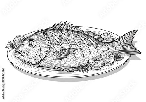 Detailed sketch of a whole red snapper fish on a plate with lemon and garnish for seafood restaurant menu and fresh catch concept