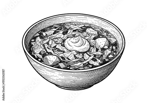 Hand drawn sketch of Shchi cabbage soup in a bowl with sour cream for traditional Russian cuisine menu and rustic cooking concept