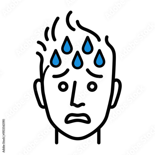 Outline icon of a stressed face with blue sweat droplets for anxiety, panic attack, and high cortisol symptom concept