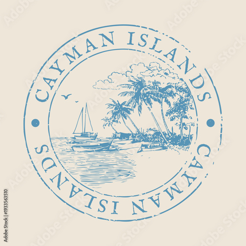Vintage Cayman Islands badge featuring white sand beaches and a sailing yacht on turquoise waters
