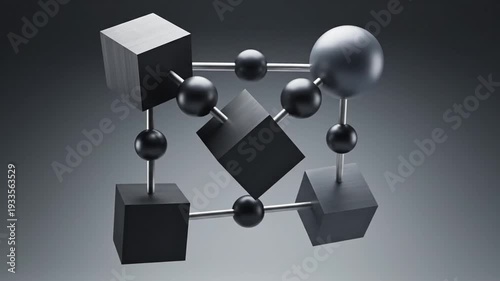 Abstract 3D interconnected cubes and spheres on dark background