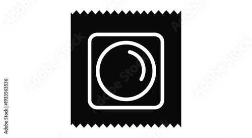 Simple black and white icon design representing a single packaged condom for safe health practices and sexual awareness campaigns