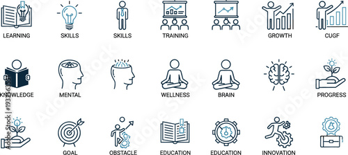 Business and education icon set featuring learning growth skills wellness mental health goals innovation and professional training symbols